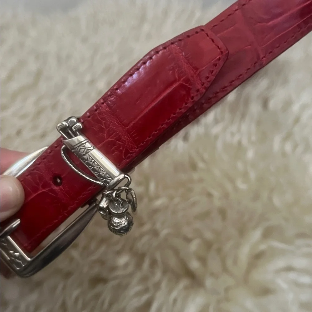 Brighton Womens Croc Embossed Belt Size M30 Red Leather Silver Golf Charms